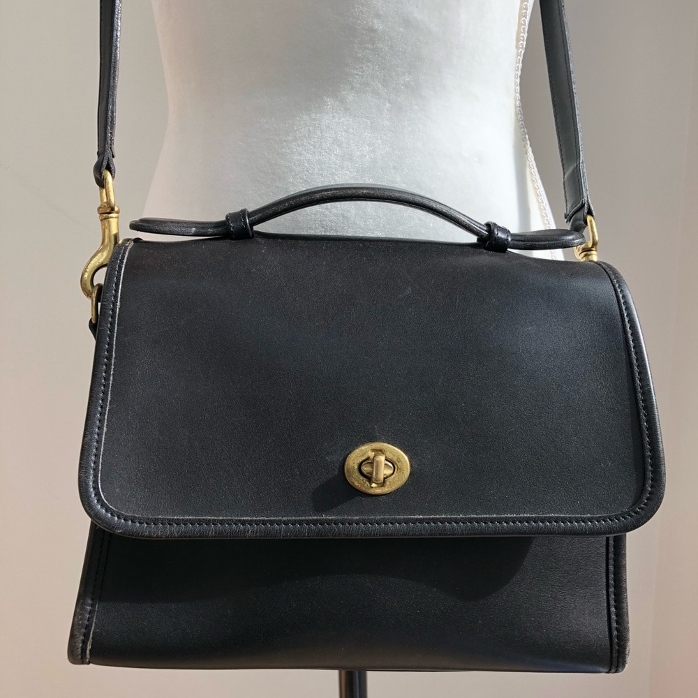 Vintage Black Leather Coach Crossbody Handbag